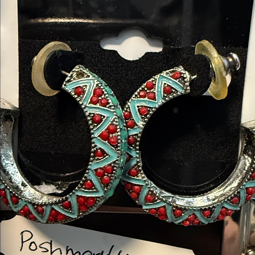 Teal Turquoise and red Hoop earring stud style closure